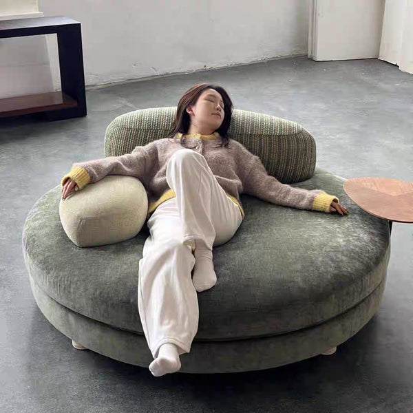✨Round fabric lazy sofa with side table and pillow, relaxing and simple style
