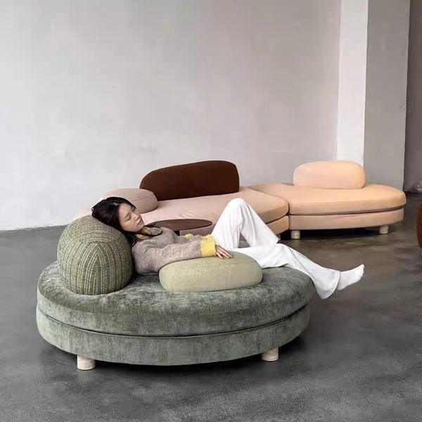 ✨Round fabric lazy sofa with side table and pillow, relaxing and simple style