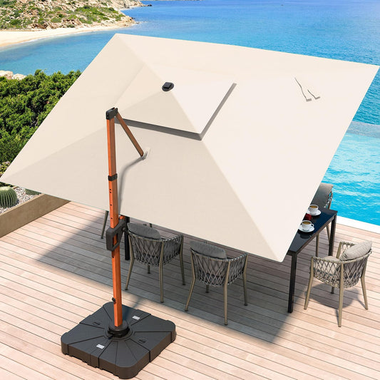 ✨Patio Umbrella with Base, Outdoor Cantilever Offset Rectangle Heavy Duty Umbrellas with 360° Rotation Double Top and Deluxe Wood Grain for Pool Deck Backyard Garden, Turquoise