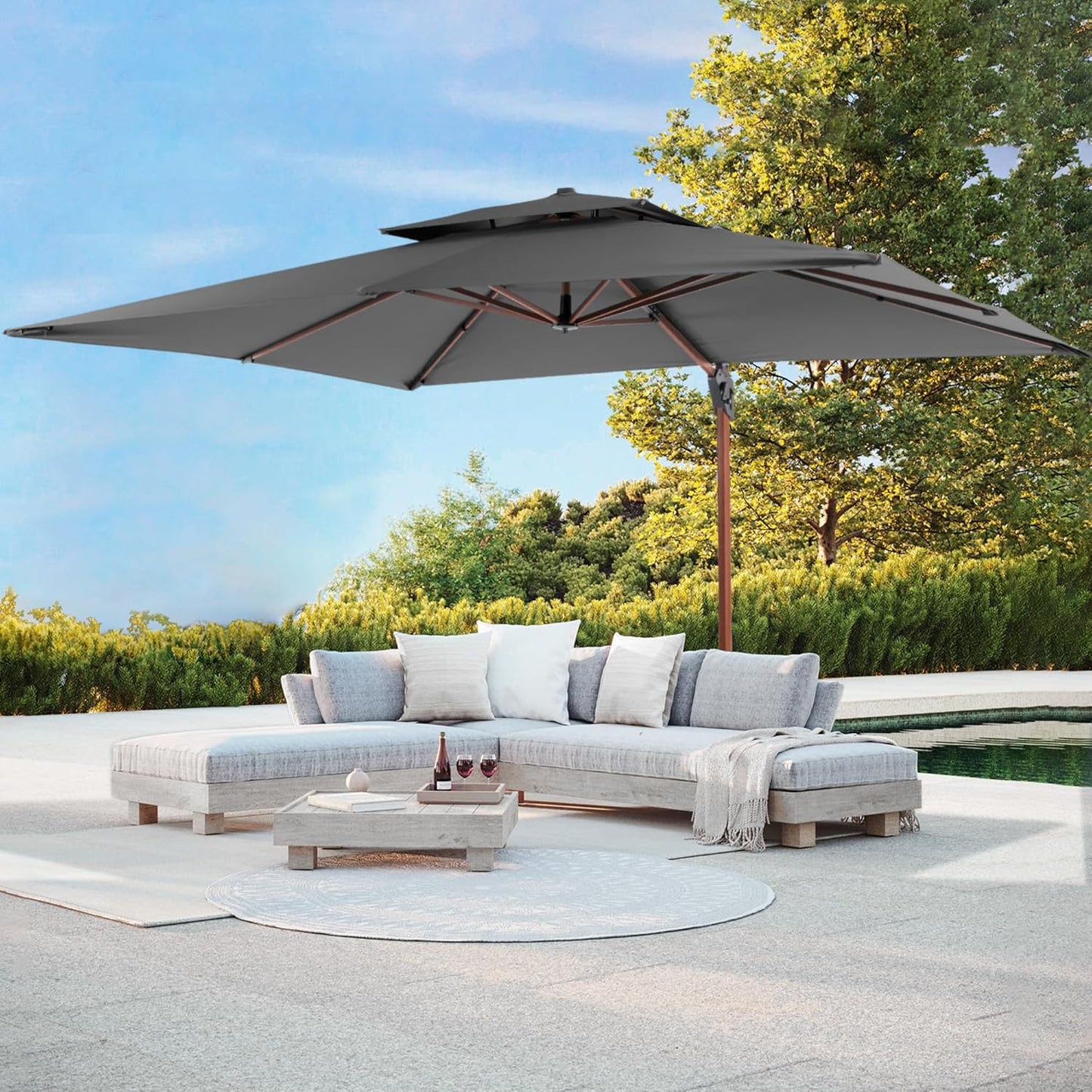 ✨Patio Umbrella with Base, Outdoor Cantilever Offset Rectangle Heavy Duty Umbrellas with 360° Rotation Double Top and Deluxe Wood Grain for Pool Deck Backyard Garden, Turquoise