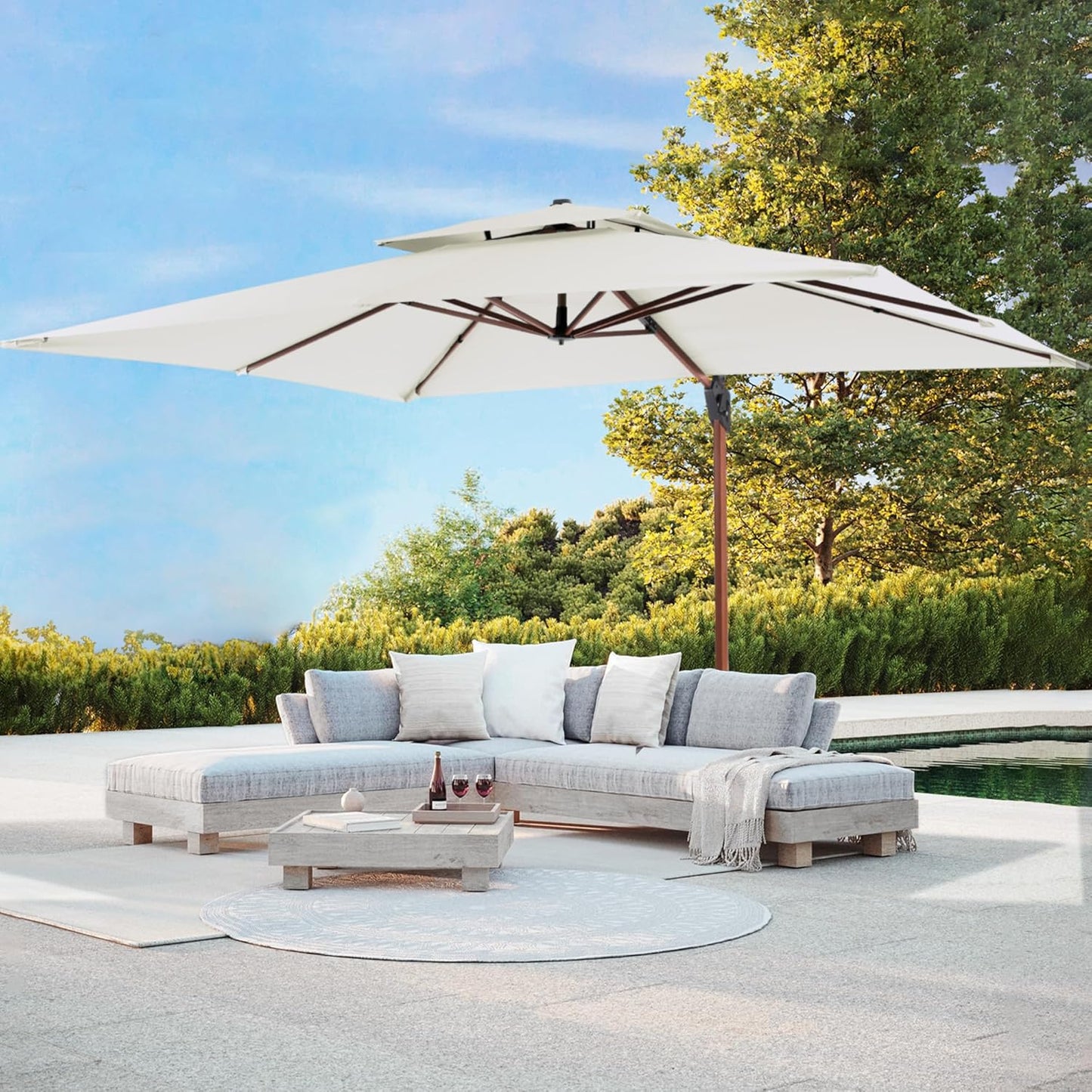 ✨Patio Umbrella with Base, Outdoor Cantilever Offset Rectangle Heavy Duty Umbrellas with 360° Rotation Double Top and Deluxe Wood Grain for Pool Deck Backyard Garden, Turquoise