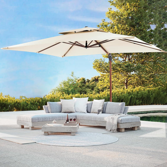 ✨Patio Umbrella with Base, Outdoor Cantilever Offset Rectangle Heavy Duty Umbrellas with 360° Rotation Double Top and Deluxe Wood Grain for Pool Deck Backyard Garden, Turquoise