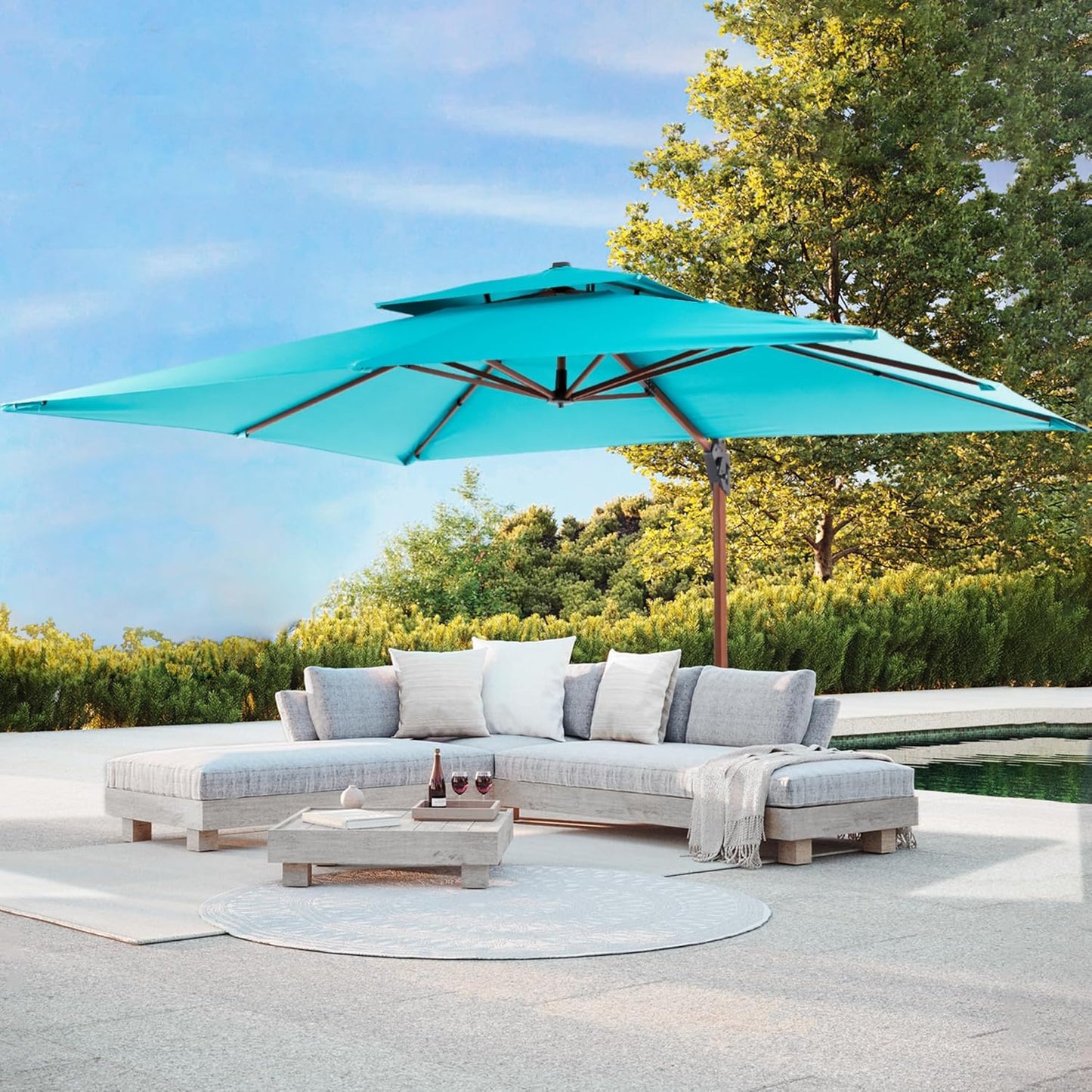 ✨Patio Umbrella with Base, Outdoor Cantilever Offset Rectangle Heavy Duty Umbrellas with 360° Rotation Double Top and Deluxe Wood Grain for Pool Deck Backyard Garden, Turquoise