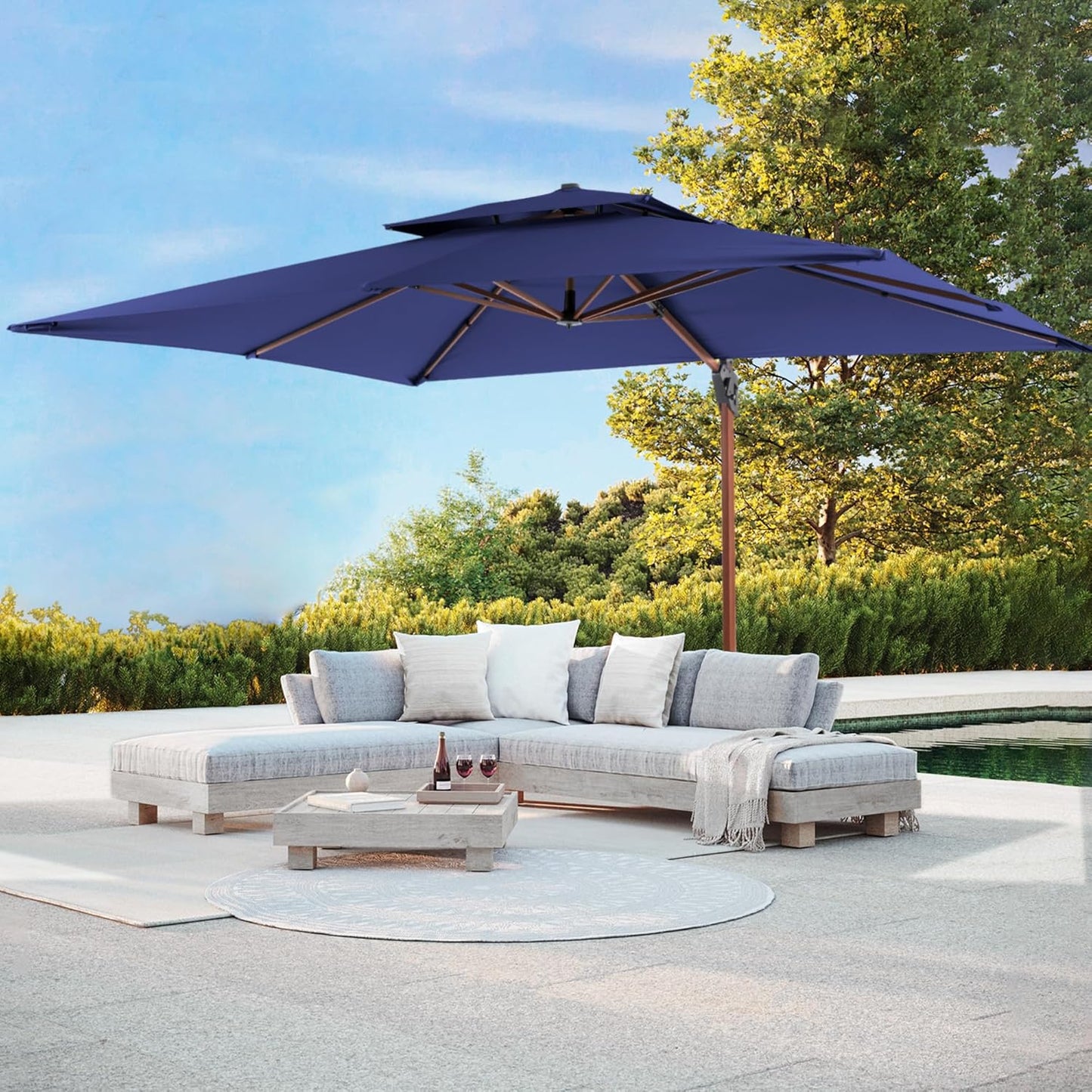 ✨Patio Umbrella with Base, Outdoor Cantilever Offset Rectangle Heavy Duty Umbrellas with 360° Rotation Double Top and Deluxe Wood Grain for Pool Deck Backyard Garden, Turquoise