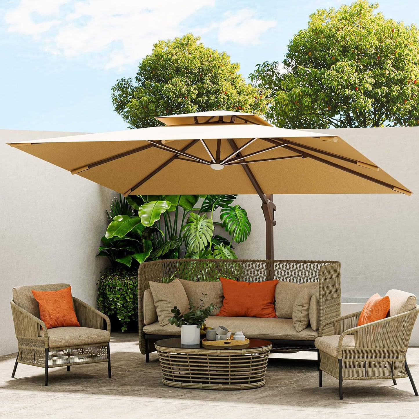 ✨Patio Umbrella with Base, Outdoor Cantilever Offset Rectangle Heavy Duty Umbrellas with 360° Rotation Double Top and Deluxe Wood Grain for Pool Deck Backyard Garden, Turquoise