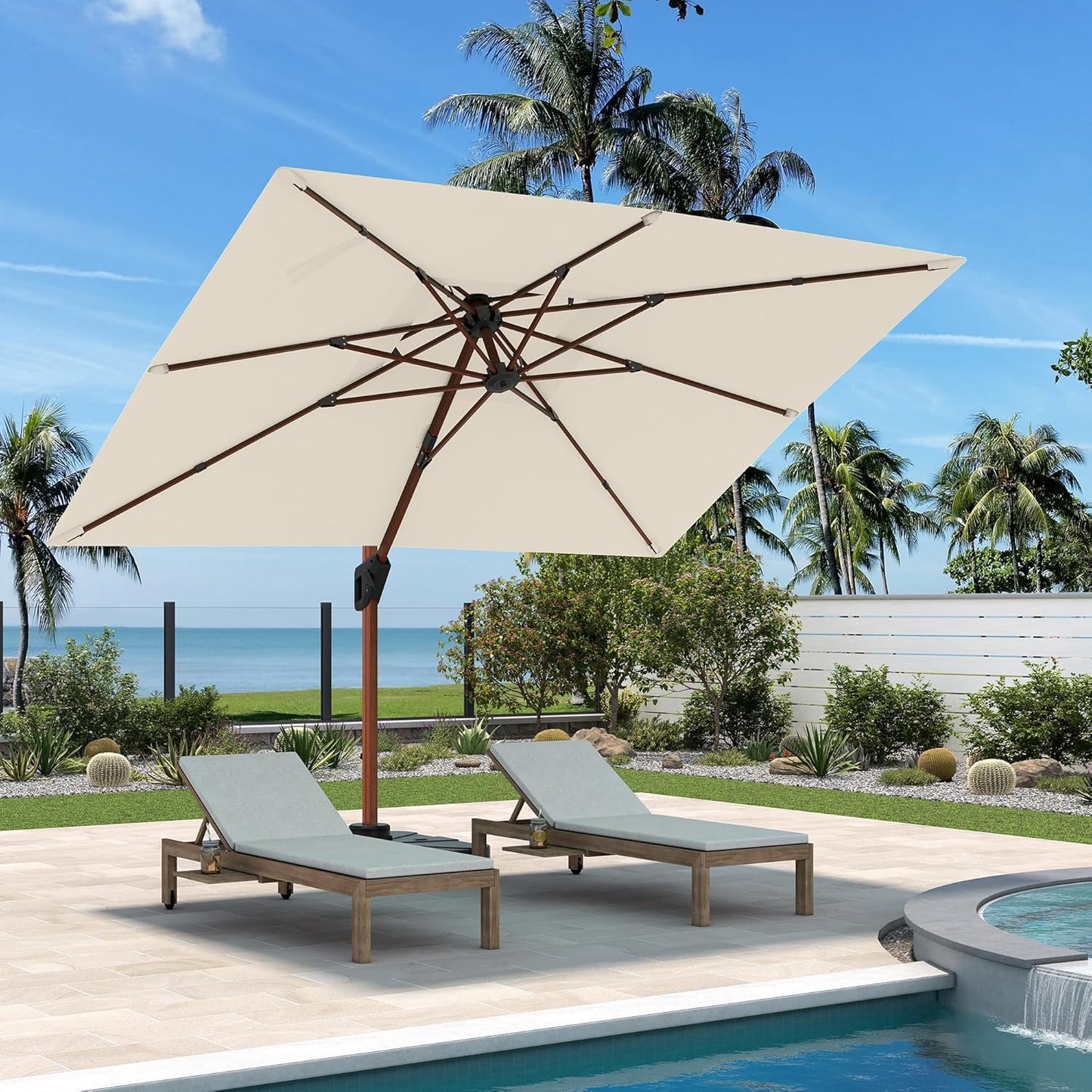 ✨Patio Umbrella with Base, Outdoor Cantilever Offset Rectangle Heavy Duty Umbrellas with 360° Rotation Double Top and Deluxe Wood Grain for Pool Deck Backyard Garden, Turquoise