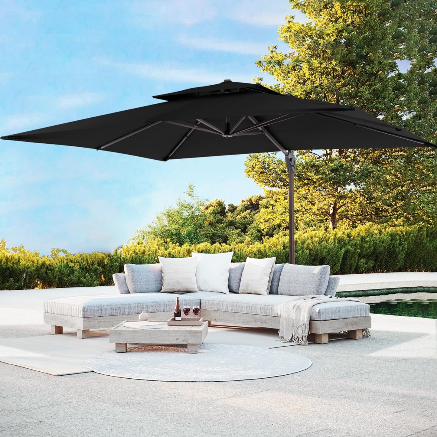 ✨Patio Umbrella with Base, Outdoor Cantilever Offset Rectangle Heavy Duty Umbrellas with 360° Rotation Double Top and Deluxe Wood Grain for Pool Deck Backyard Garden, Turquoise