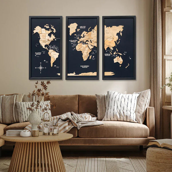 3D Wooden Triptych World Map