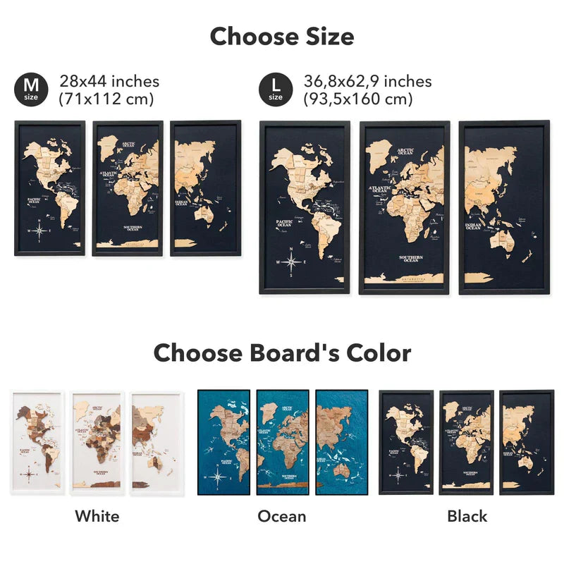 3D Wooden Triptych World Map